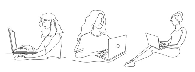 Female with laptop. Continuous line art businesswoman working with notebook computer, woman freelancer character and online work vector illustration set