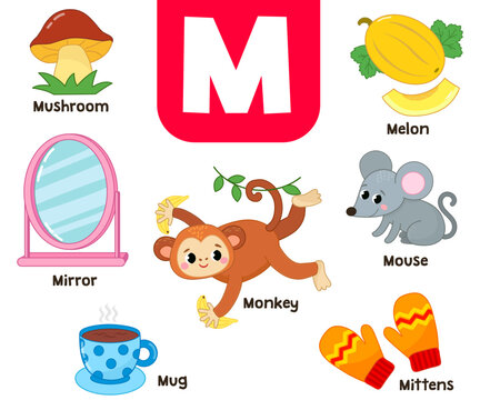 English alphabet in pictures — Children's colored letter M — vector illustration