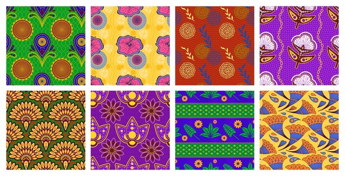 African wax pattern. Seamless ethnic floral ornament, fashion fabric prints vector set