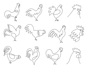 Fototapeta premium One line roosters. Farm bird silhouette, rooster portrait and hand drawn cock continuous line illustration vector set