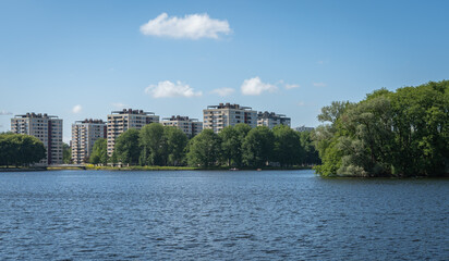 Lake Sloterplas and residential neighbourhood Osdorp in Amsterdam west, The Netherlands