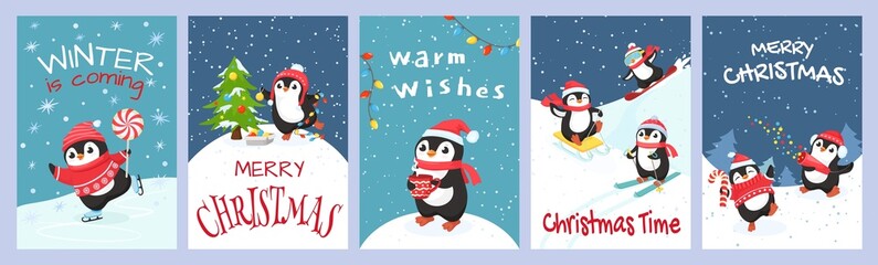 Christmas penguin greeting card. Winter is coming, warm wishes and merry christmas cards with playing penguins cartoon vector set