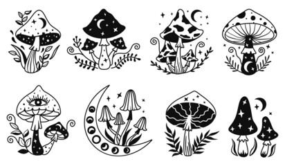 Celestial mushroom. Hand drawn mystical magic mushrooms with moon and stars, sakral psychedelic trip vector illustration set