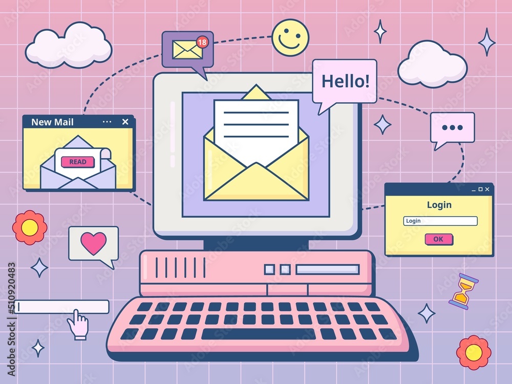 Poster retro ui mail. email mailbox with envelope on 90s computer screen, internet nostalgia vector illustr