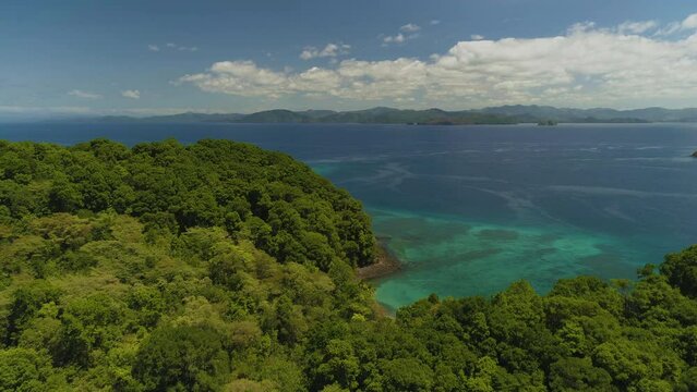 Aerial drone view of a Pacific ocean deserted island near Coiba National Park, Panama - stock video