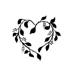 black heart-shaped wreath of leaves, ecology concept, doodle drawing simple vector illustration isolated on white background