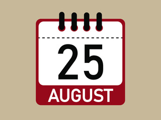 Calendar icon 25 august. Vector illustration of calendar.