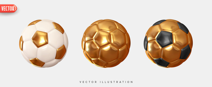 Soccer ball. Football balls Set realistic 3d design style. Leather texture golden and white color. Mockup of sports elements isolated on white background. vector illustration