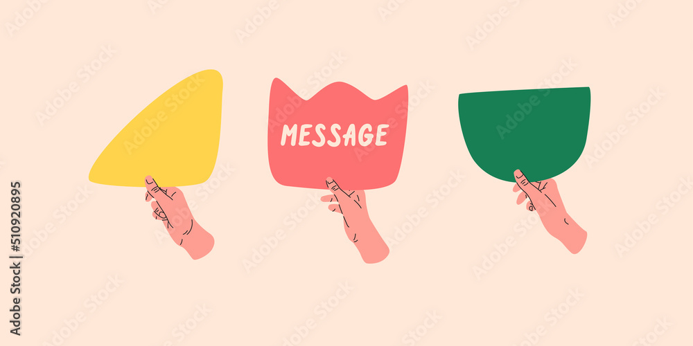 Poster human hands hold various flat shapes. a set of isolated objects on alight background.
