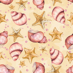 Seamless pattern with shells, starfish and pearls - 510920864