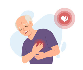 Old man holding his chest with heart attack symbol. Elderly people's risk. Concept of heart disease, emergency, health care and medicine, cardiopathy. Flat vector illustration character.