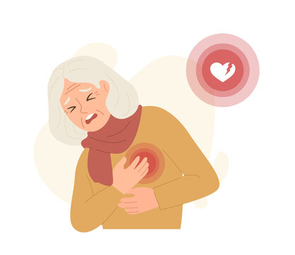 Old woman holding her chest with heart attack sign isolated on white background. Concept of Heart pain, symptom of heart disease, elderly's risk, health and medicine. Flat vector illustration.