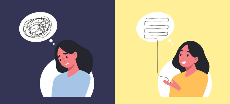 Woman with distracted thought and organized thought on dark and bright background. Concept of emotional management, negative and positive thinking, mental health. Flat vector illustration character.