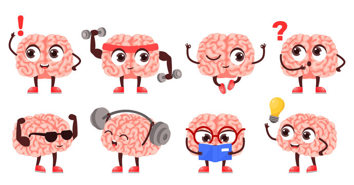 Brain mascot. Smart and strong character do sport exercises, read education book and answers questions cartoon vector Illustration set