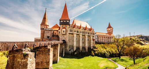 Corvin Castle with wooden bridge, Hunedoara, Hunyad Castle,  Transylvania, Romania, Europe.