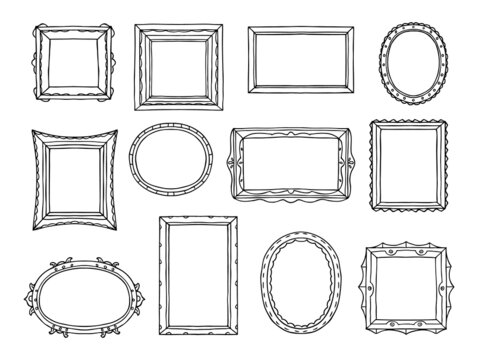 Hand drawn picture borders. Sketch photo frame, rectangular and round shapes of vintage doodle frames vector set