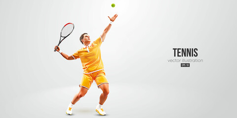 Realistic silhouette of a tennis player on white background. Tennis player man with racket hits the ball. Vector illustration