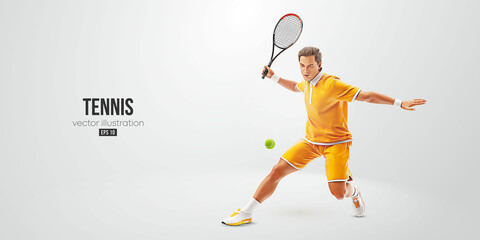 Fototapeta na wymiar Realistic silhouette of a tennis player on white background. Tennis player man with racket hits the ball. Vector illustration