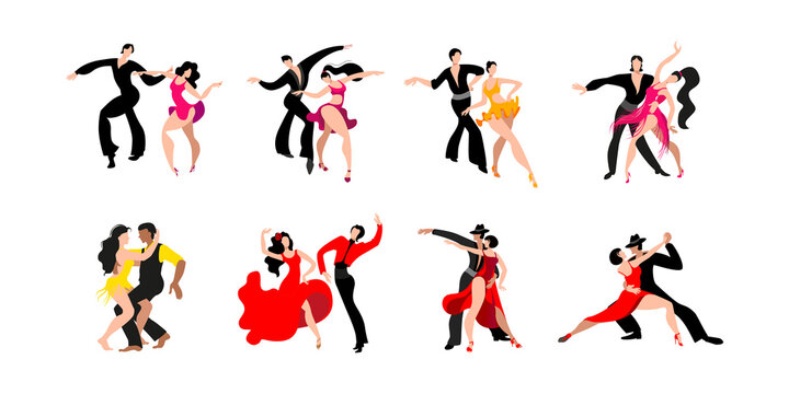 Beautiful couple dancing Latin American dances. A set of images of dancing couples. Vector illustration in bright colors.