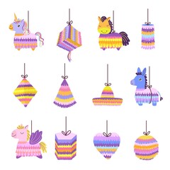 Cartoon pinatas. Mexican donkey toy for party celebration, pony horse animal birthday pinata and paper unicorn vector set