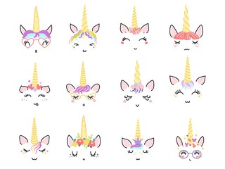 Unicorn faces. Cute pony facial expressions with rainbow hair, beautiful eyelashes and golden horn with flower wreath on head