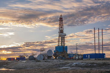 General view of a drilling rig for drilling wells at an oil and gas field in the Arctic region....