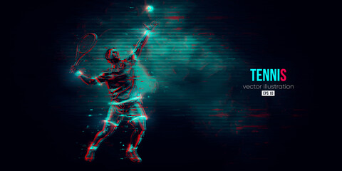 Fototapeta na wymiar Abstract silhouette of a tennis player on black background. Tennis player man with racket hits the ball. Vector illustration
