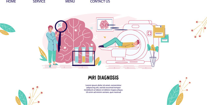Medical examination of the brain, brain disease and neurology concept for website, flat vector illustration. MRI magnetic resonance imaging for diagnosis patient's health condition.