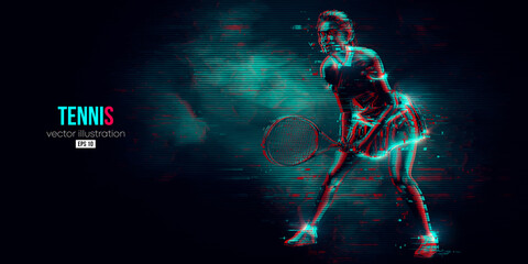 Abstract silhouette of a tennis player on black background. Tennis player woman with racket hits the ball. Vector illustration - obrazy, fototapety, plakaty