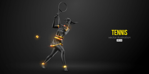 Fototapeta na wymiar Abstract silhouette of a tennis player on black background. Tennis player woman with racket hits the ball. Vector illustration