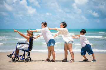 disabled senior woman in a wheelchair with family and pointing to something on the beach