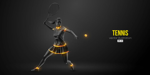 Abstract silhouette of a tennis player on black background. Tennis player woman with racket hits the ball. Vector illustration