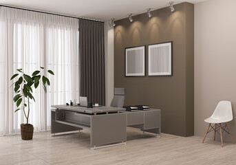 3d rendering of modern office interior. Workplace Secretary. White poster on the wall. CEO's desk. 3d illustration.
