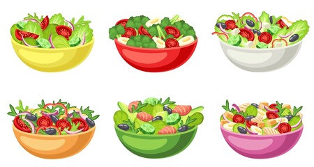Cartoon salad bowl. Healthy food, chopped raw vegetables and lettuce served in bowls vector set