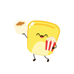 Corn and popcorn cartoon. Vector mascot, cartoon and illustration of a corn holding popcorn. Character design.