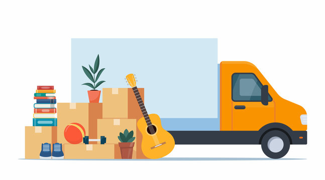 Truck and household items. Moving to new house. Relocated to new home. Boxes with goods. Package transportation. Things, clothes, furniture. Vector illustration.