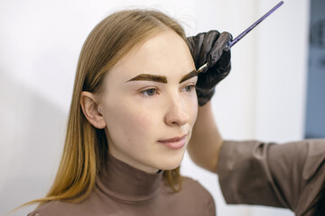 Eyebrow master shapes and paints with a brush the eyebrows of a red-haired girl with freckles in a beauty salon. Close-up portrait of a young woman in the process of dyeing her eyebrows