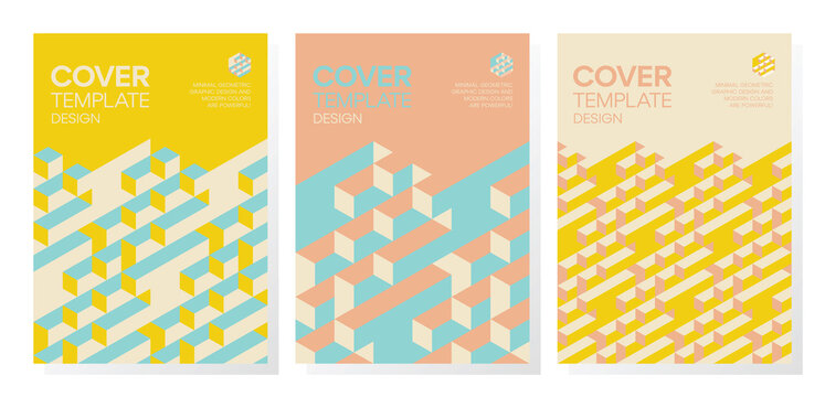 Set of trendy abstract isometric 3d optical illusion geometric shapes cover design. 