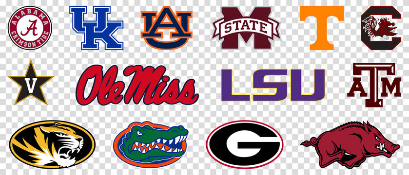 SEC teams logos set. Alabama Crimson Tide, Arkansas Razorbacks, Auburn Tigers, Florida Gators, Georgia Bulldogs, Kentucky Wildcats and etc. Editorial illustration isolated on transparent background