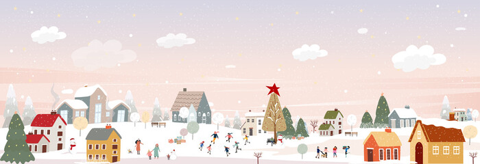 Winter landscape in village at night in countryside background,Vector horizontal banner winter wonderland with house on hills and forest pine tree,Backdrop for Celebrating Christmas and New Year 2023