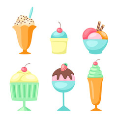 Set of vector illustrations of tasty ice creams isolated on white background. Sweet summer desserts with different tastes. Cartoon style illustration