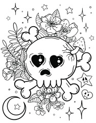 Coloring book for adults. Coloring page for adults. Skull and flowers. Kawaii horror. Halloween