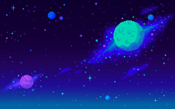 Planets and nebula background in pixel art style