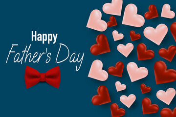 Happy Fathers Day greeting card. Celebration banner or flyer with red hearts on blue background. Vector illustration.