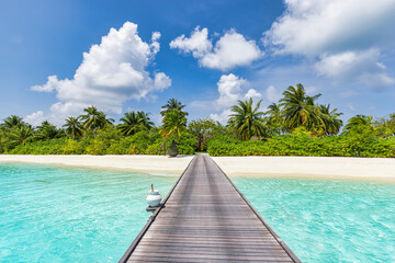 Amazing panorama at Maldives. Luxury resort villas pier seascape with palm trees, white sand and blue sky. Beautiful summer landscape. Tropical beach background for vacation holiday. Paradise island