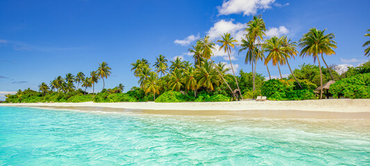 Beautiful island beach. Tropical landscape of scenic summer, white sand, palm trees, sea. Luxury travel vacation destination. Exotic beach coast sunny sky. Amazing nature relax freedom nature template