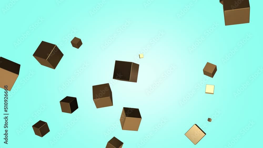 Poster metallic brown 3d cube flying and levitates in space on a blue background. computer graphics animati