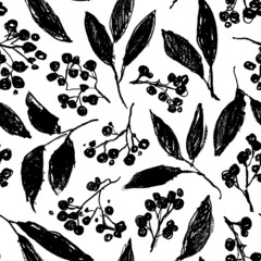Branches with leaves and berries seamless pattern. Floral pattern in vintage style. Botanical ink illustration with rough edges elements. Vector botanical design for textile, wrapping paper, branding.