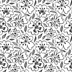 Poppy flowers line art seamless pattern. Minimalist contour hand drawing. Simple black botanical illustration. Decorative plants, buds and leaves. Decorative beauty elegant vector pattern.