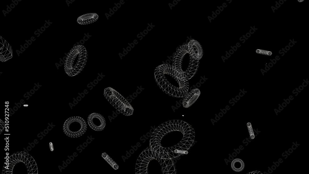 Aufkleber white wireframe torus 3d circles flying and rotating on an isolated black background. computer graph
